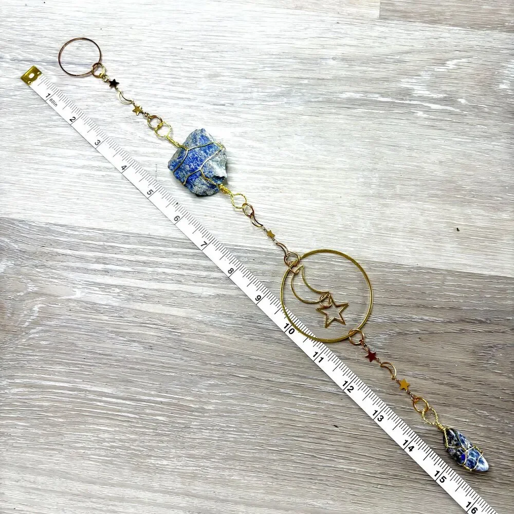 Lapis Lazuli Wall Hanging | Raw & Tumbled Stone | Gold Moon Star Circle Frame